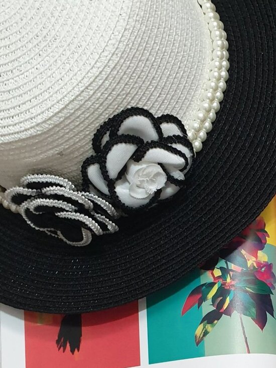 Fashion Black White Boater Straw Pearls Flowers Hat Woman Formal Accessory Gift main image 5